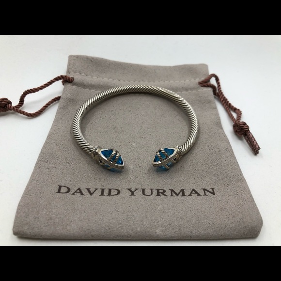 David Yurman Blue Topaz Cable Wrap Bangle Diamonds - Picture 2 of 7